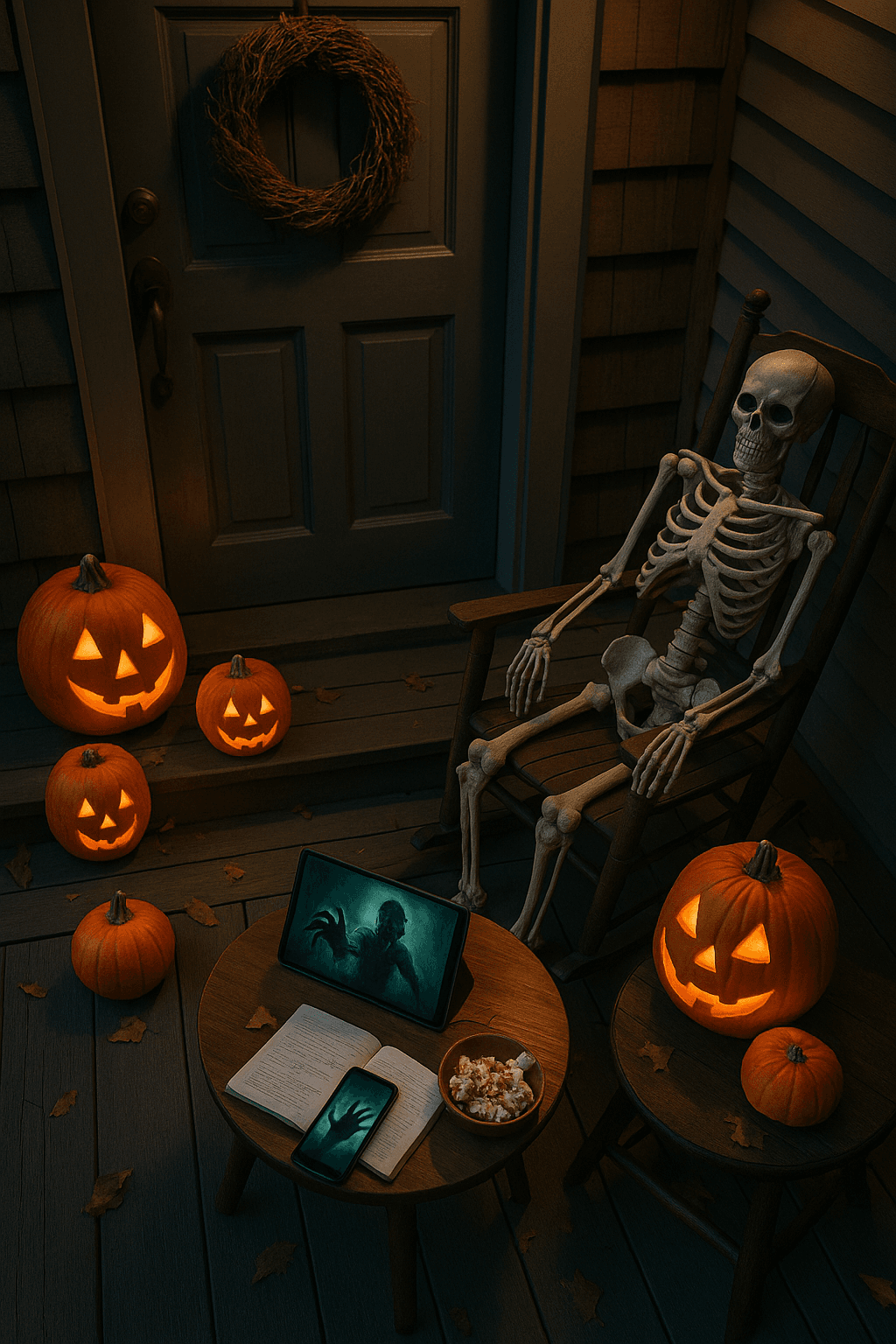 ハロウィンの夜の玄関ポーチ