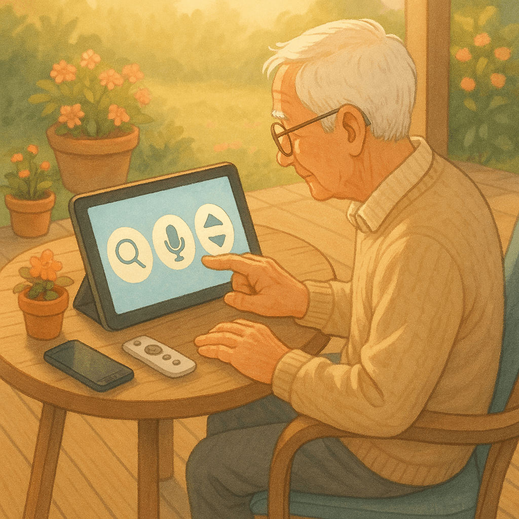 庭でタブレットを操作する老紳士