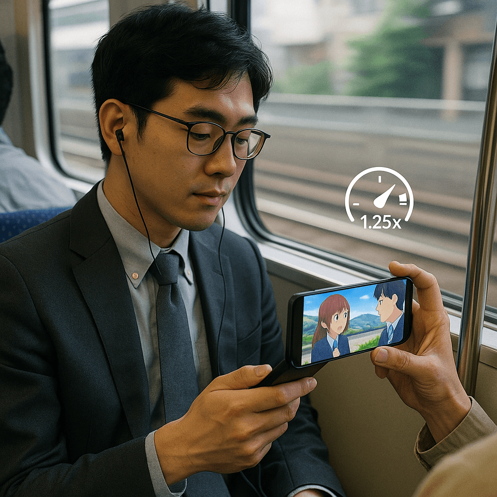 電車内でアニメを楽しむ男子