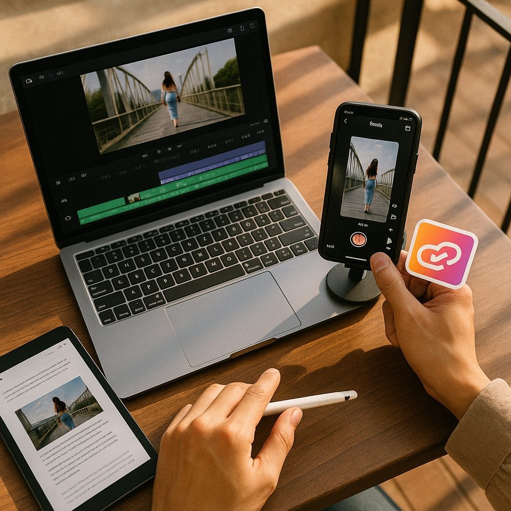屋外で作業するコンテンツ制作