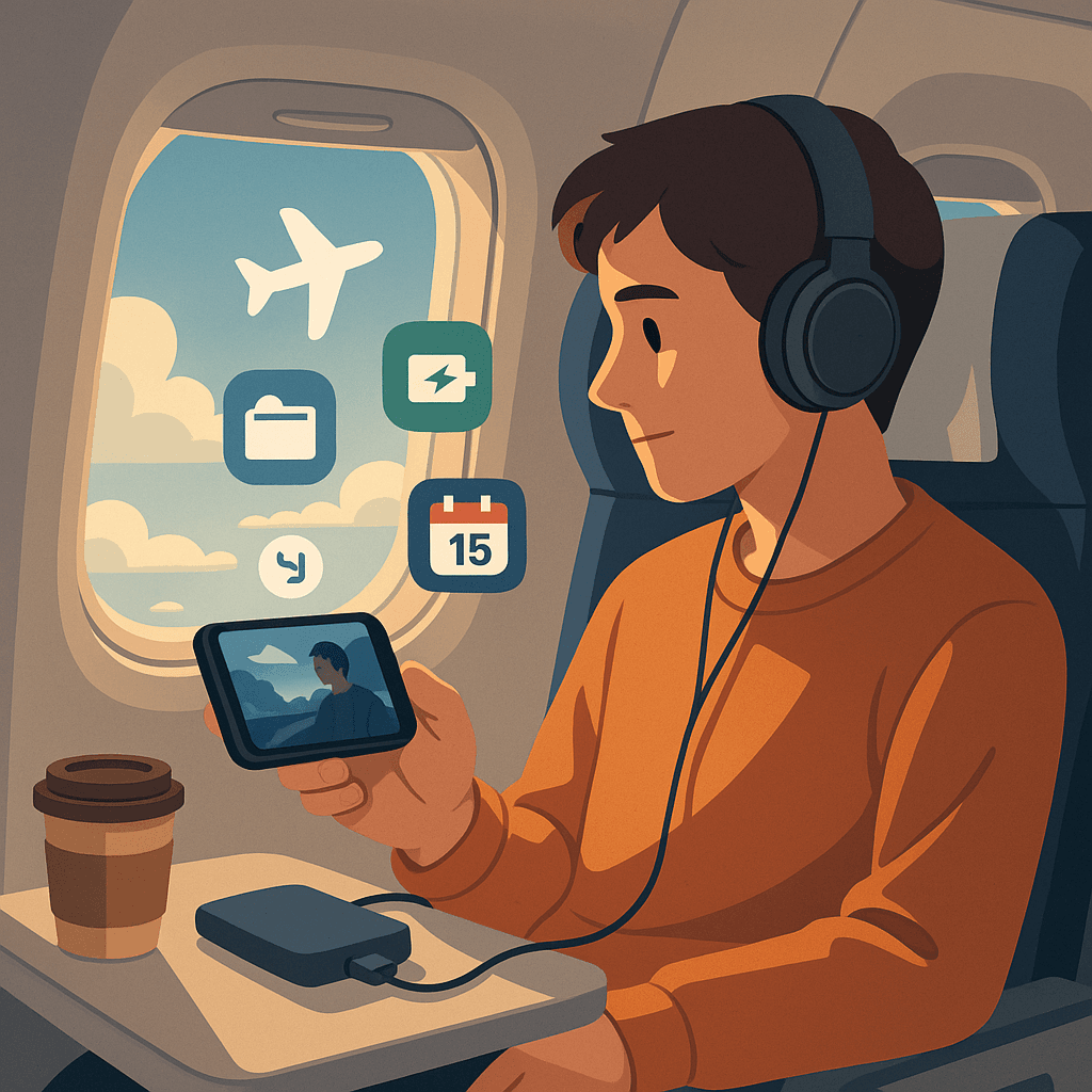 飛行機で映画を観る男性