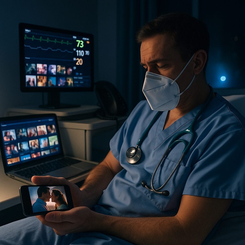 夜間の病院で映画に没頭する医師