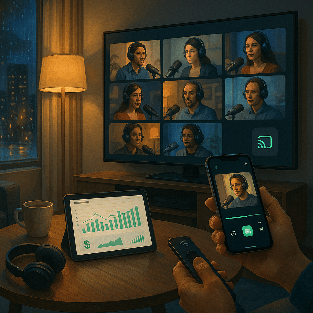 夜のリビングルームとポッドキャスト