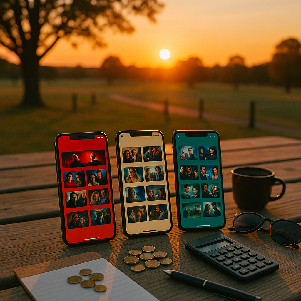 夕日の下のスマートフォンと小物