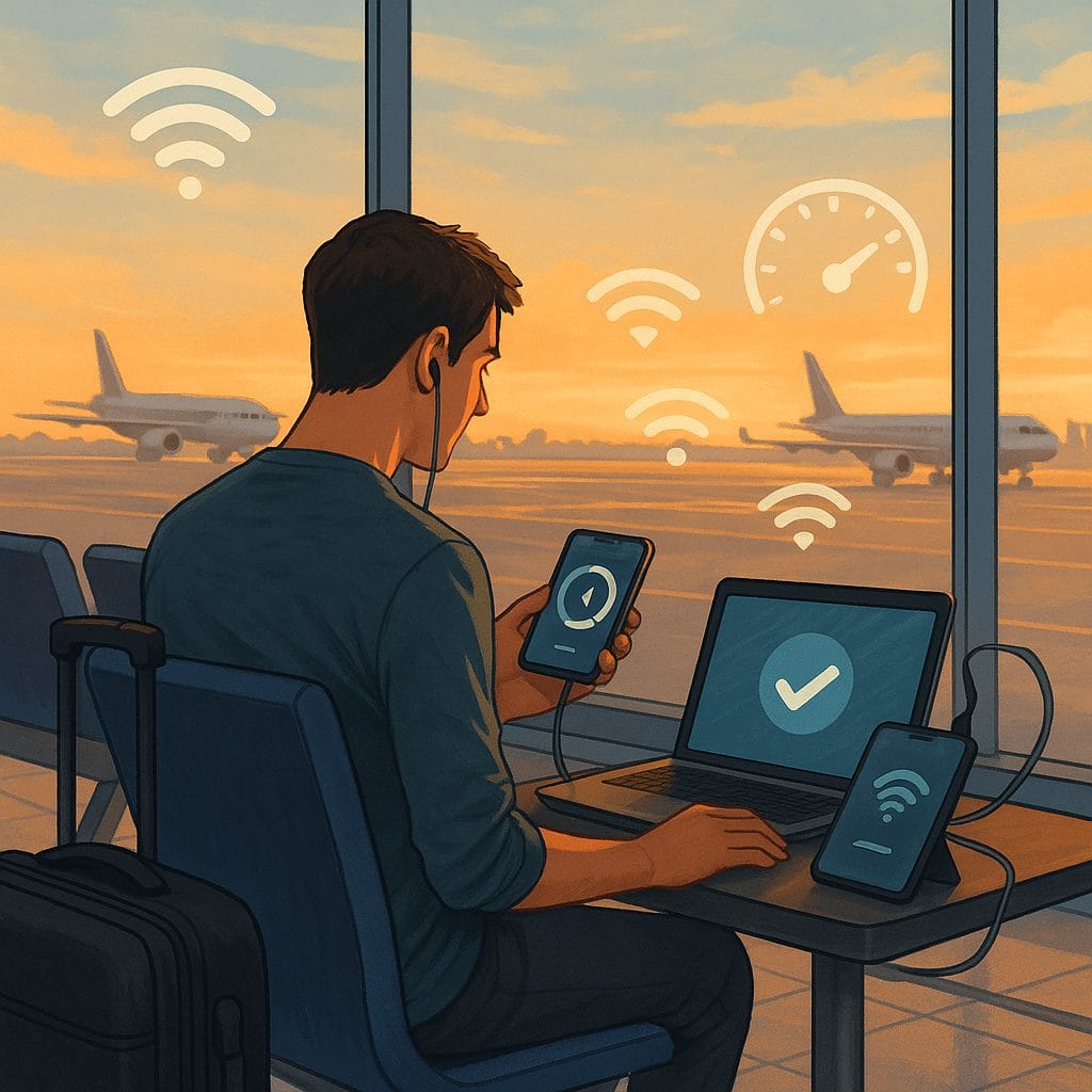 空港の夕陽と待機中の旅人