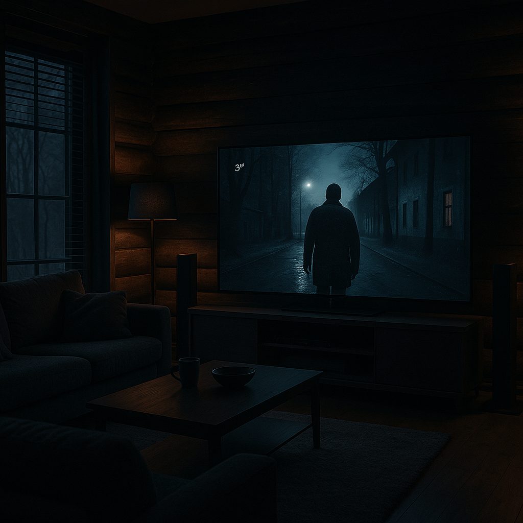 暗いリビングルームとサスペンス映画