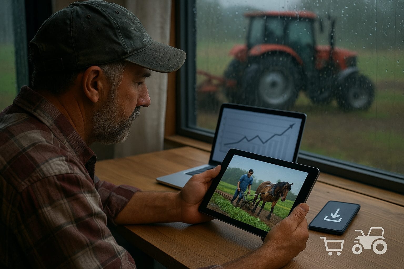 雨の日の農家とデジタルガジェット
