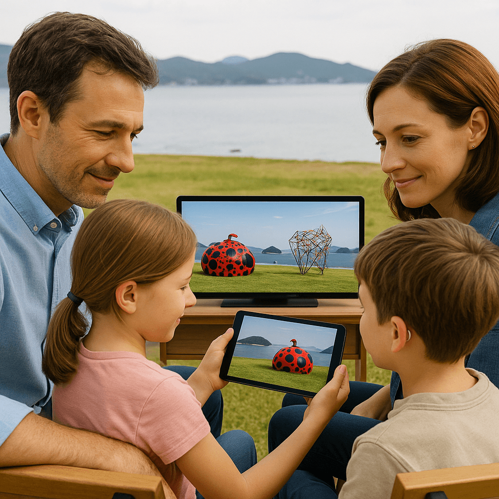 家族とタブレットでアート鑑賞