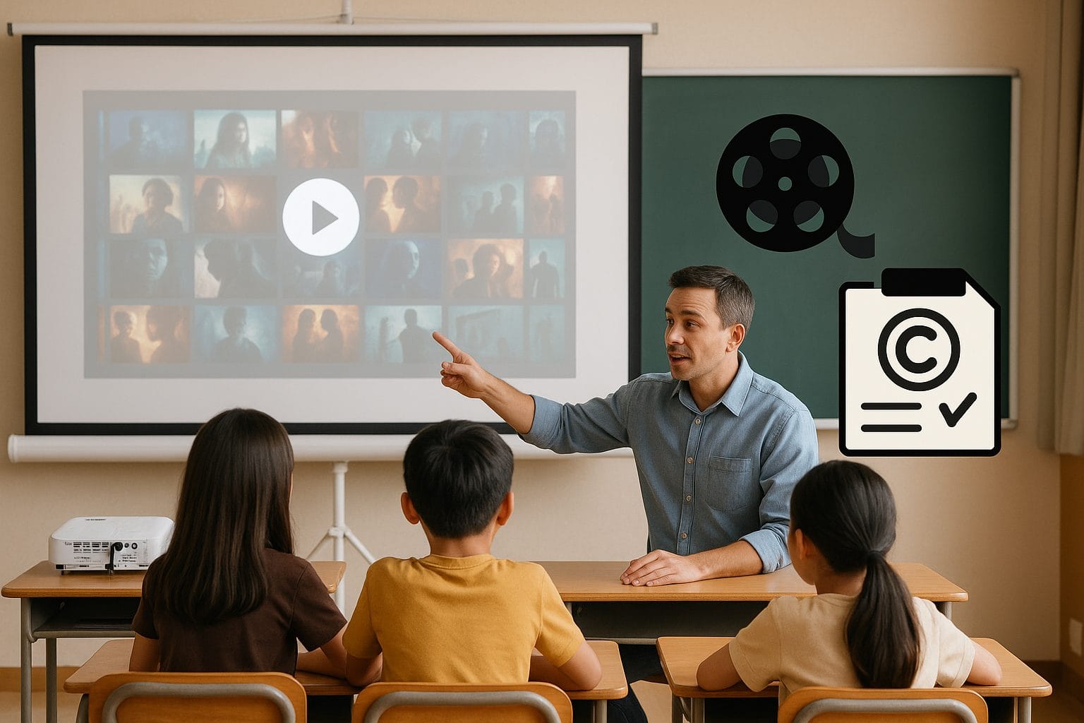 教室で映画を楽しむ学生たち