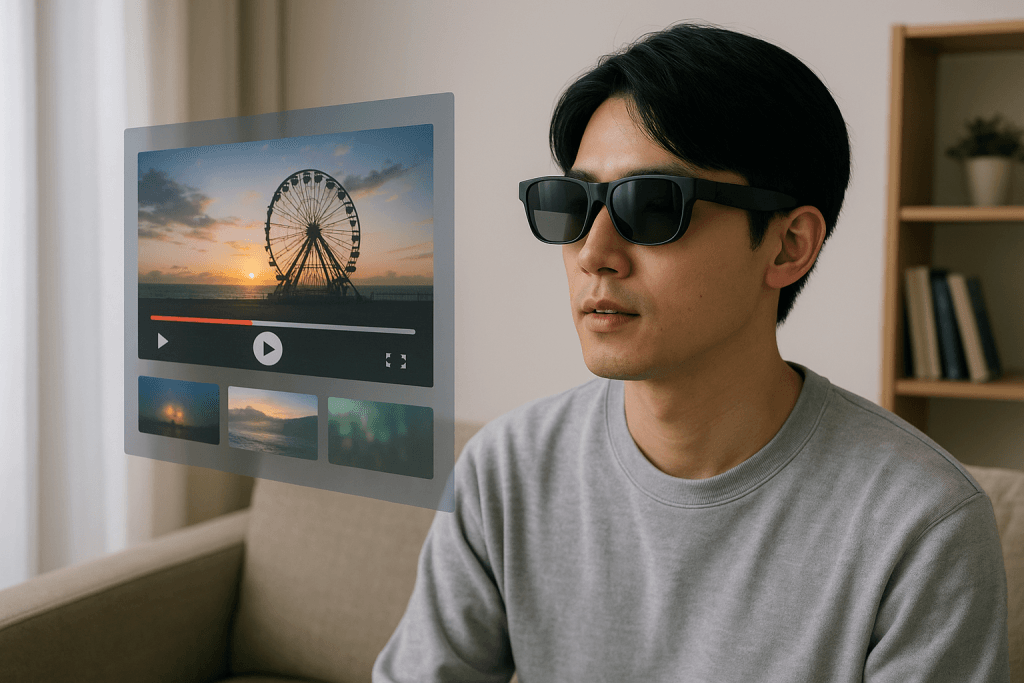 スマートグラスで映像を楽しむ若者