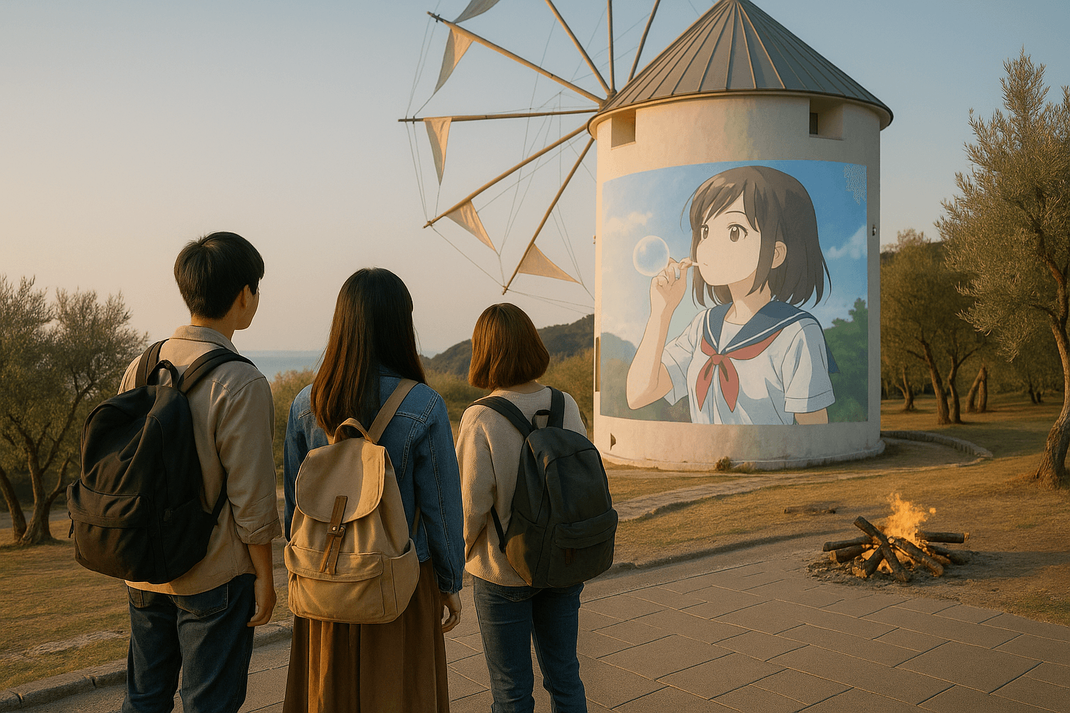 風車とアニメの夕日