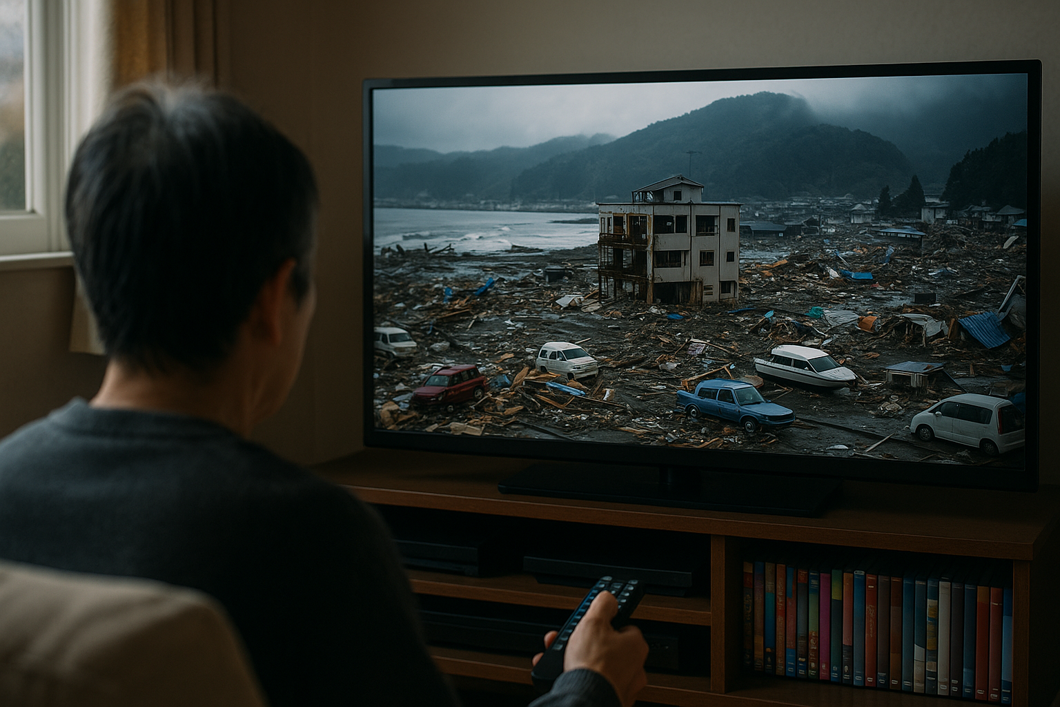 津波後の映像と静かな部屋