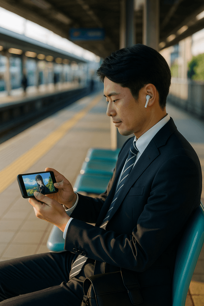 駅のベンチでアニメ視聴