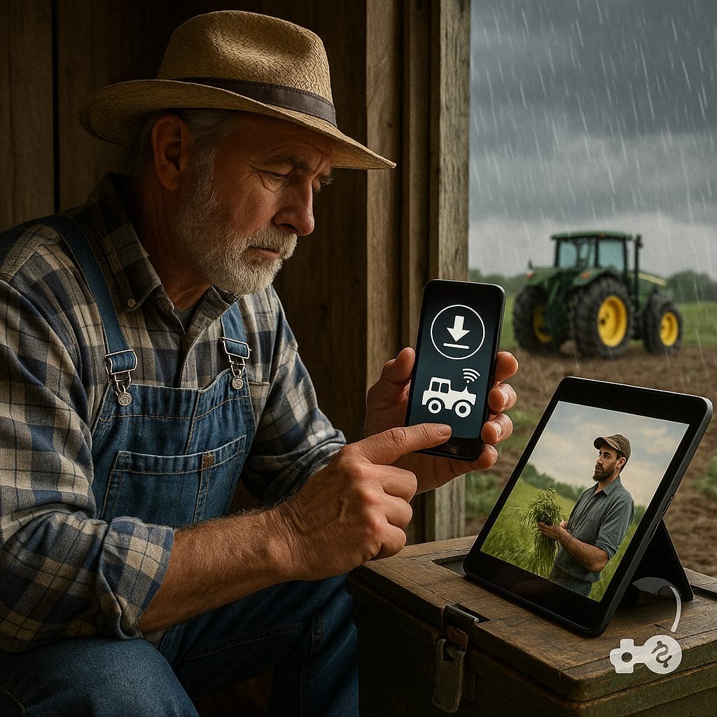 農場の中でテクノロジーを利用する農夫