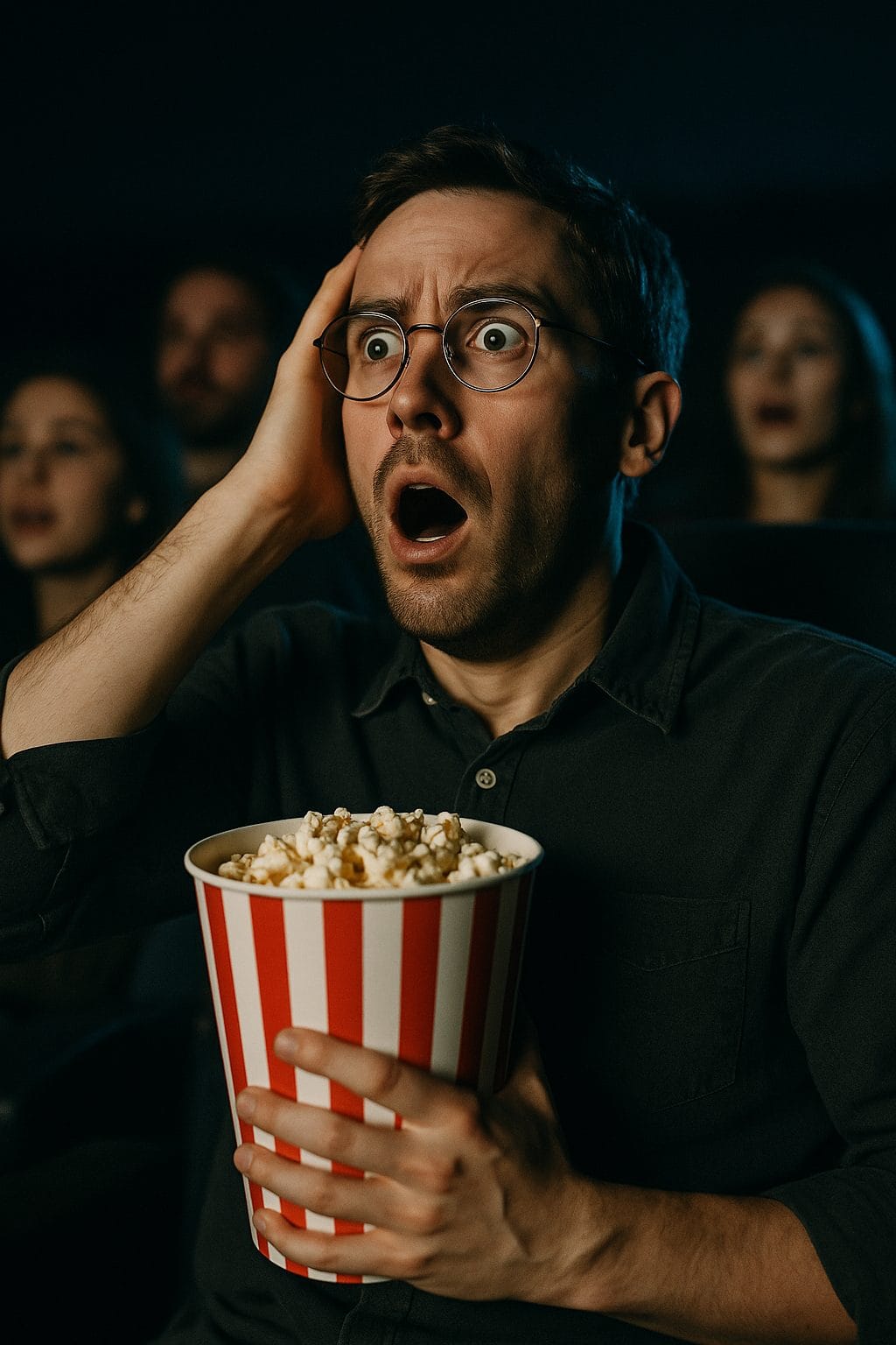 映画館で驚く男性
