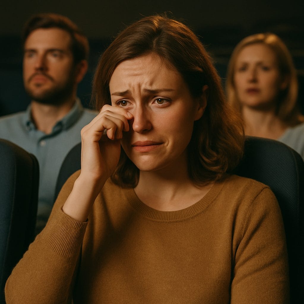 映画館で涙を拭う女性