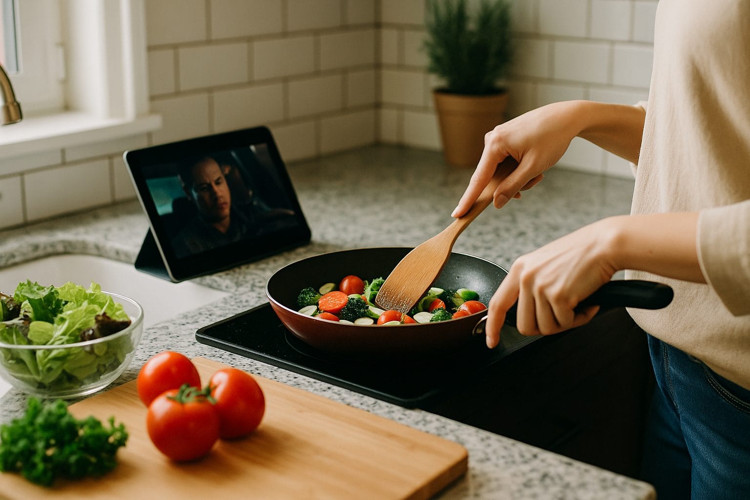 キッチンでの映画視聴と料理
