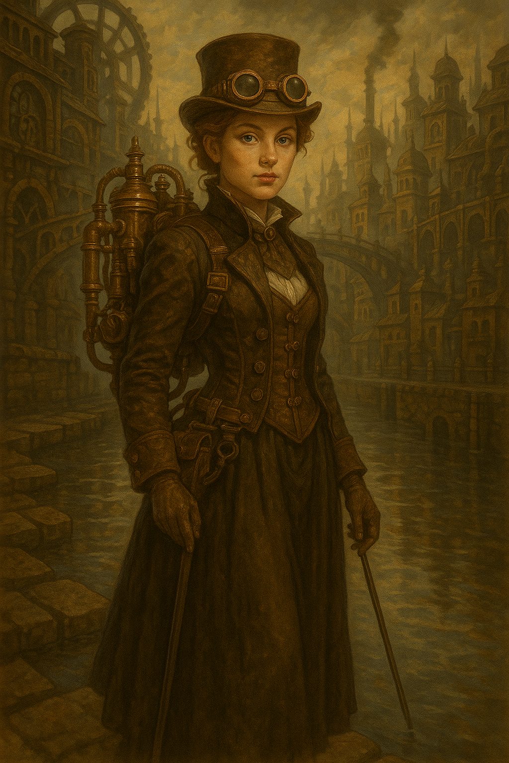 スチームパンクの街角の女性