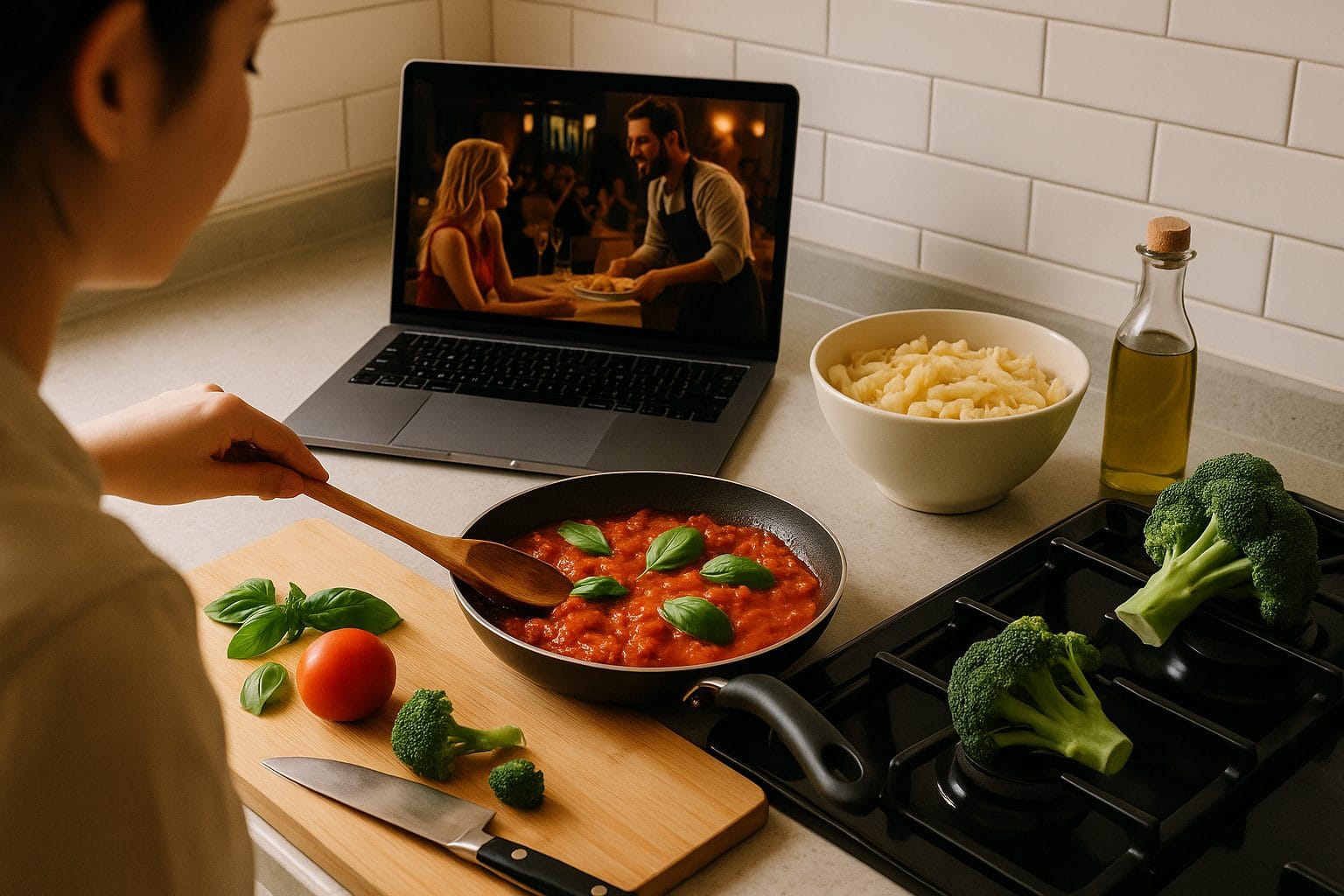 キッチンで料理と映画鑑賞