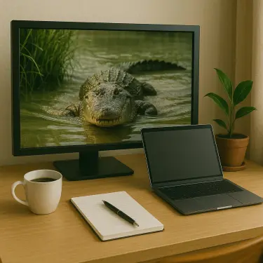 自宅のワークスペースとワニの映画