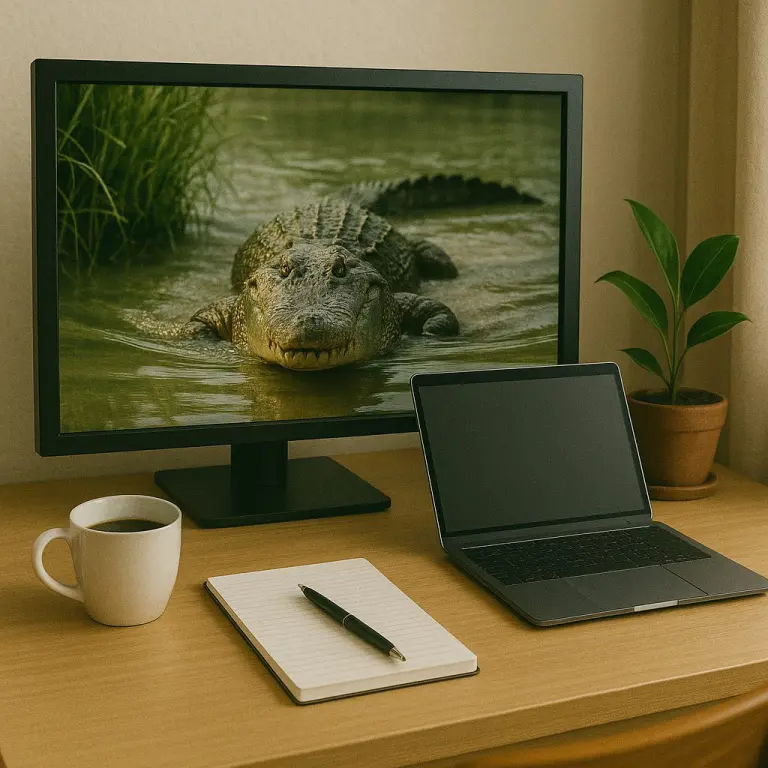 自宅のワークスペースとワニの映画