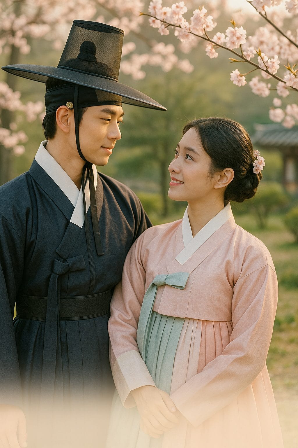 桜の下の伝統的なカップル