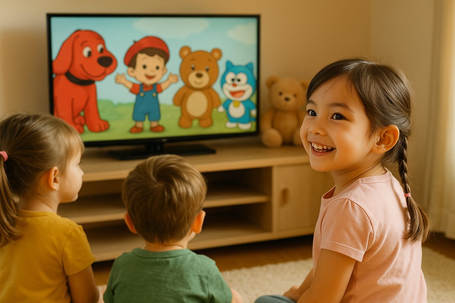 テレビ前の楽しむ子どもたち