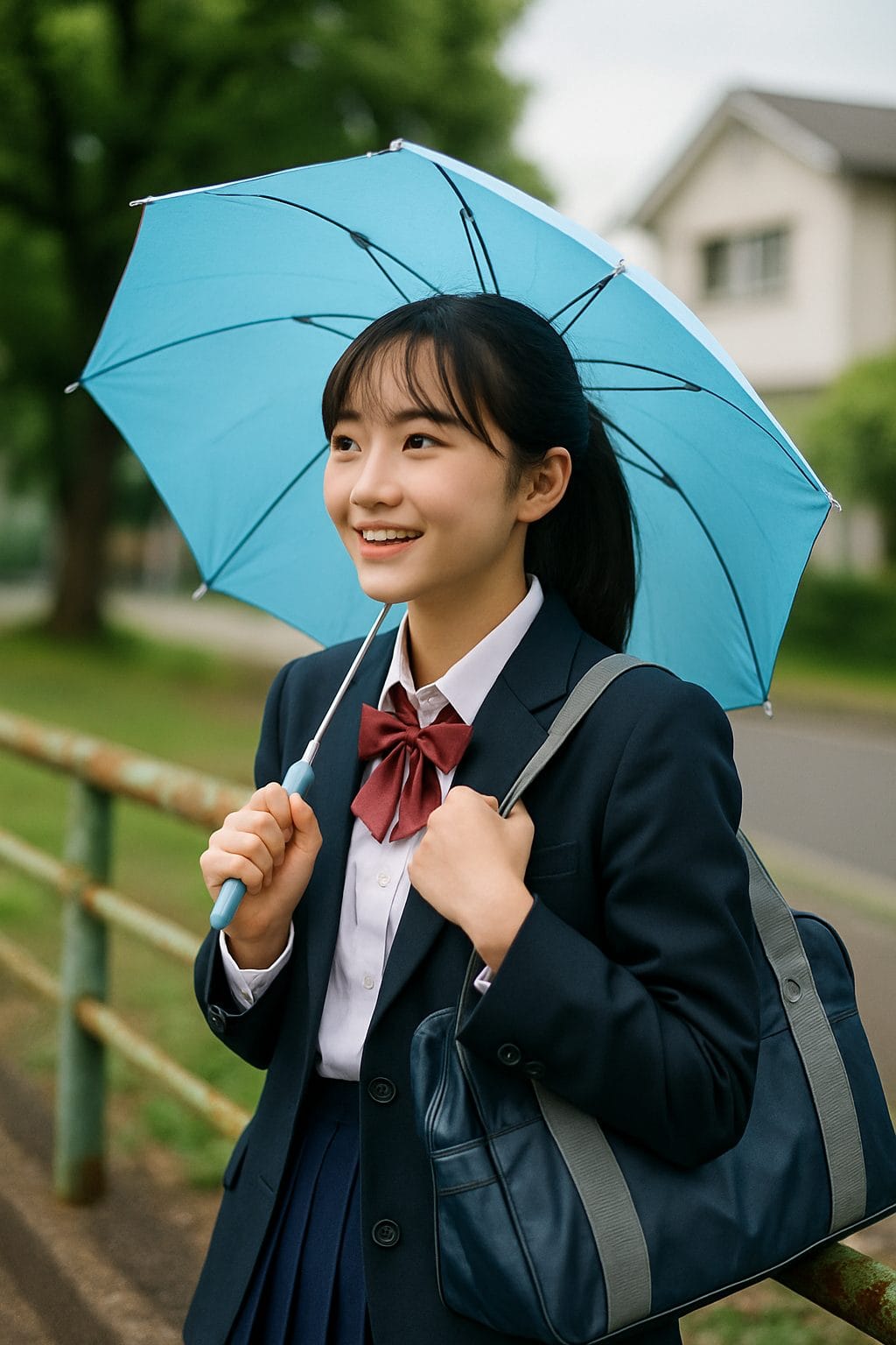 制服の少女と青い傘