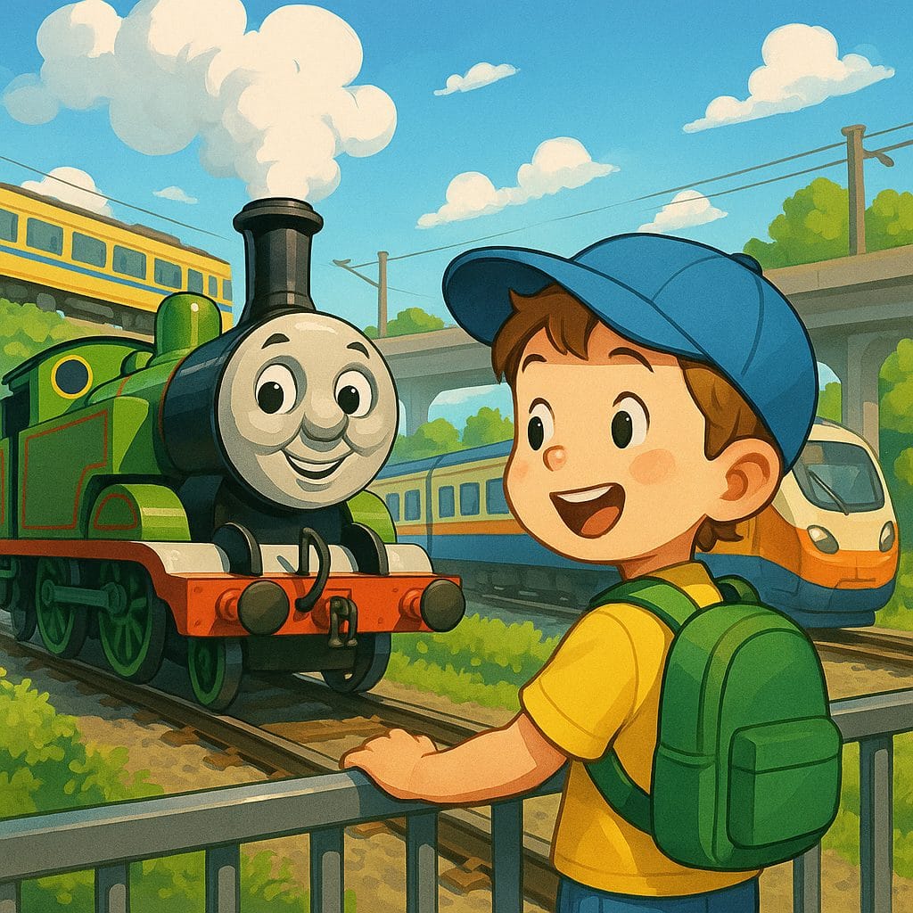 駅で列車を見つめる少年