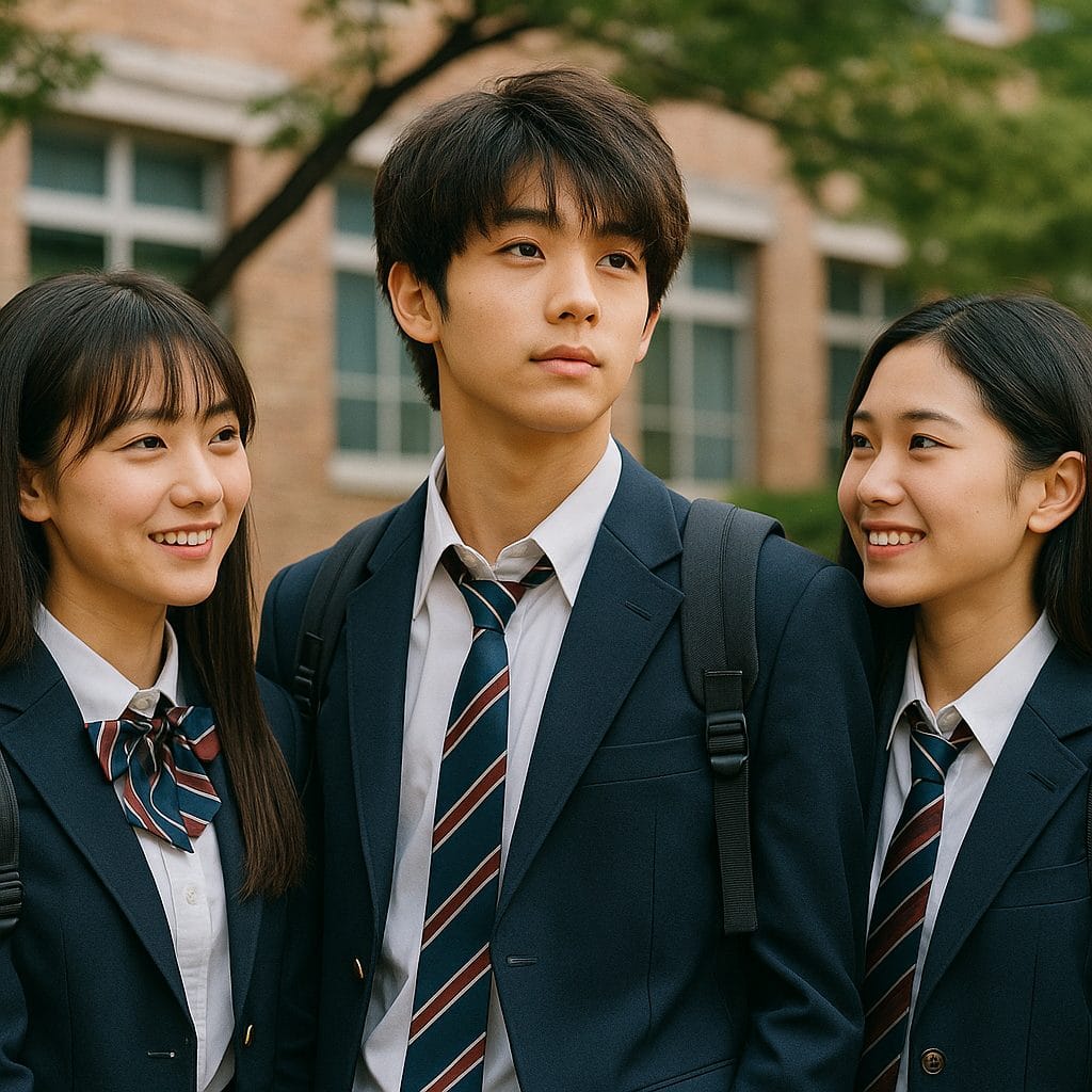 学校の前で微笑む学生たち