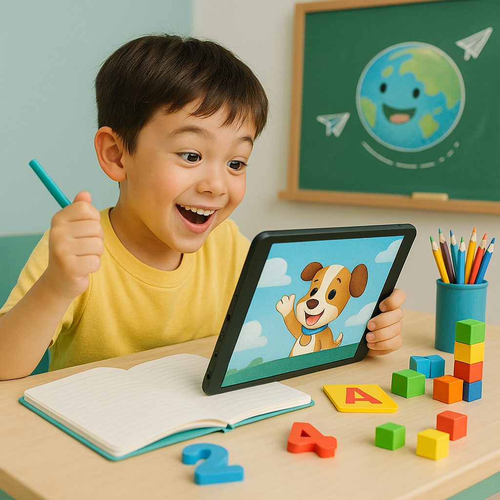 教室で楽しむ笑顔の少年