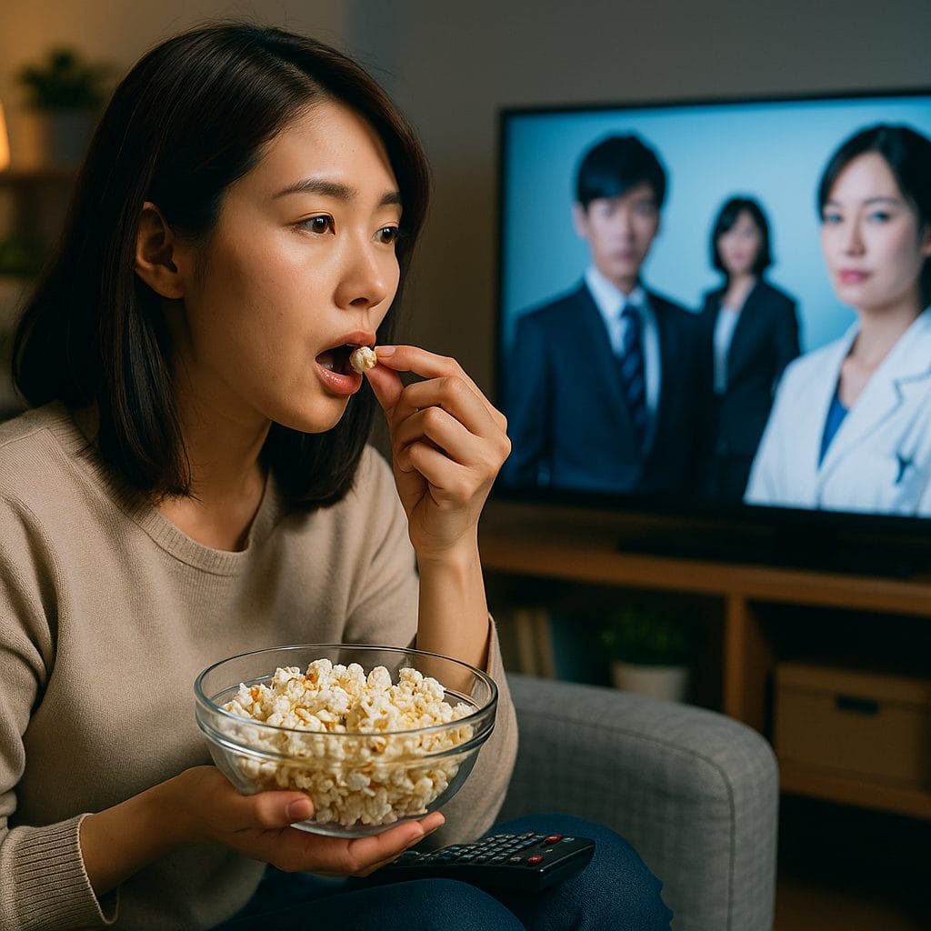 夜のドラマとポップコーン