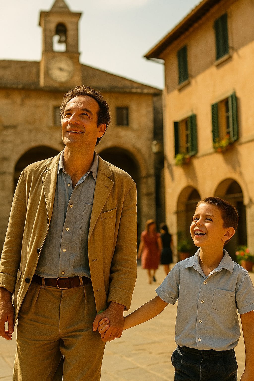 イタリアの広場で手をつなぐ