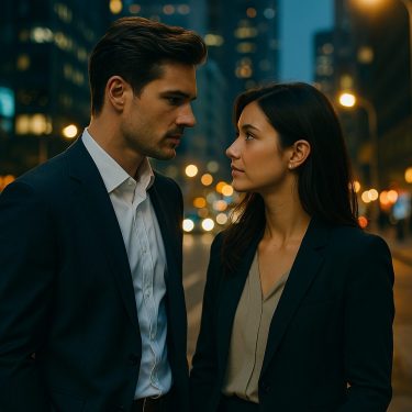 夜の街並みで見つめ合う二人