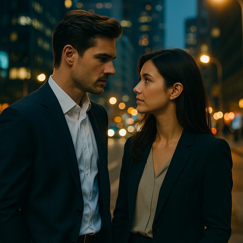 夜の街並みで見つめ合う二人