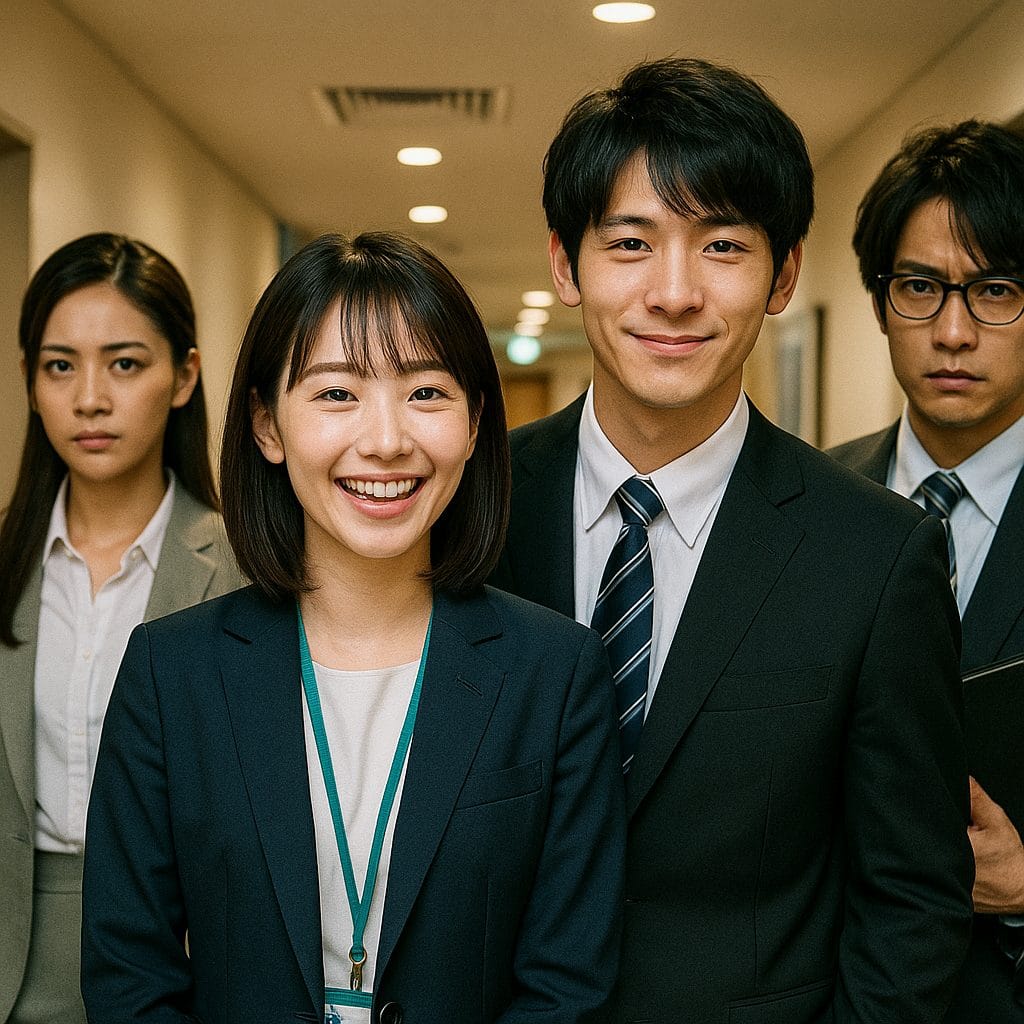 オフィス廊下での若手プロフェッショナルたち