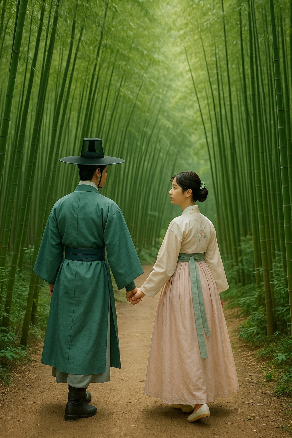 竹林の中で手をつなぐ二人