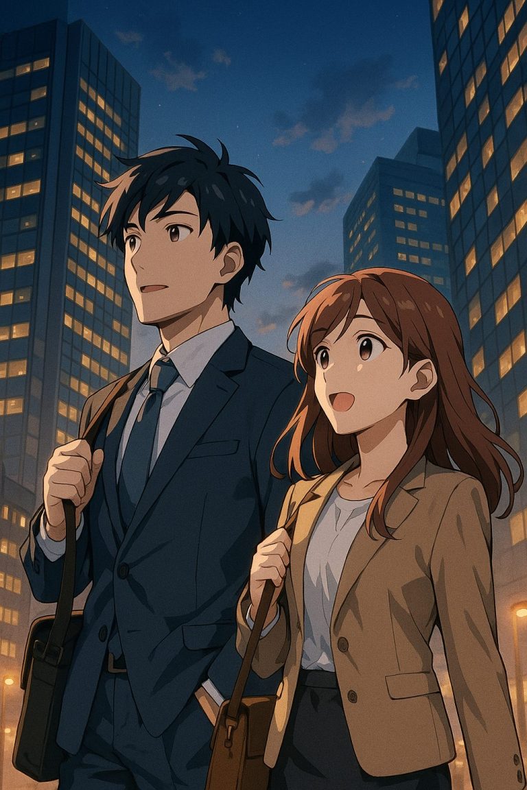 夜景の街中を歩く二人