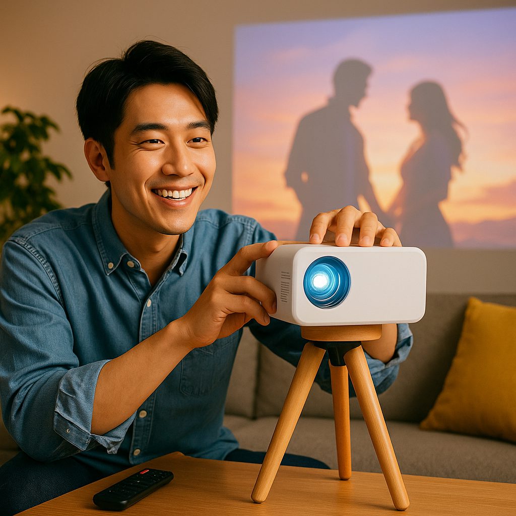 プロジェクターで映画を楽しむ男性