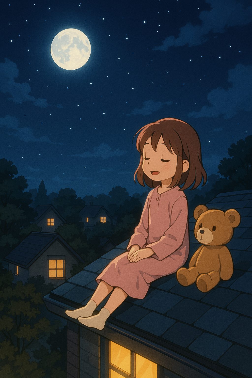 夜空の屋根でくつろぐ少女