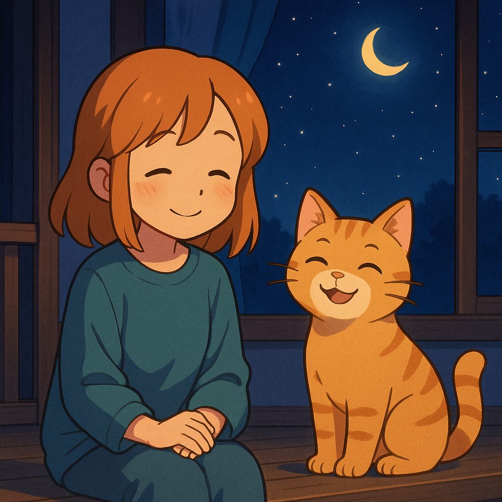 夜空の下、猫と一緒に