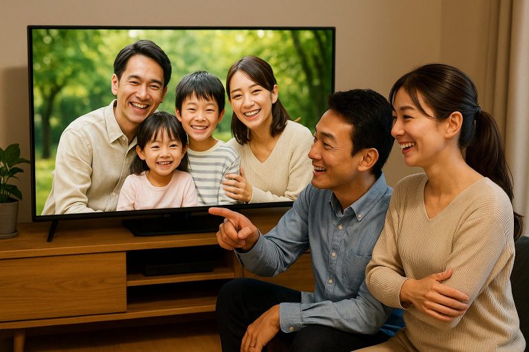 リビングで家族写真を楽しむ