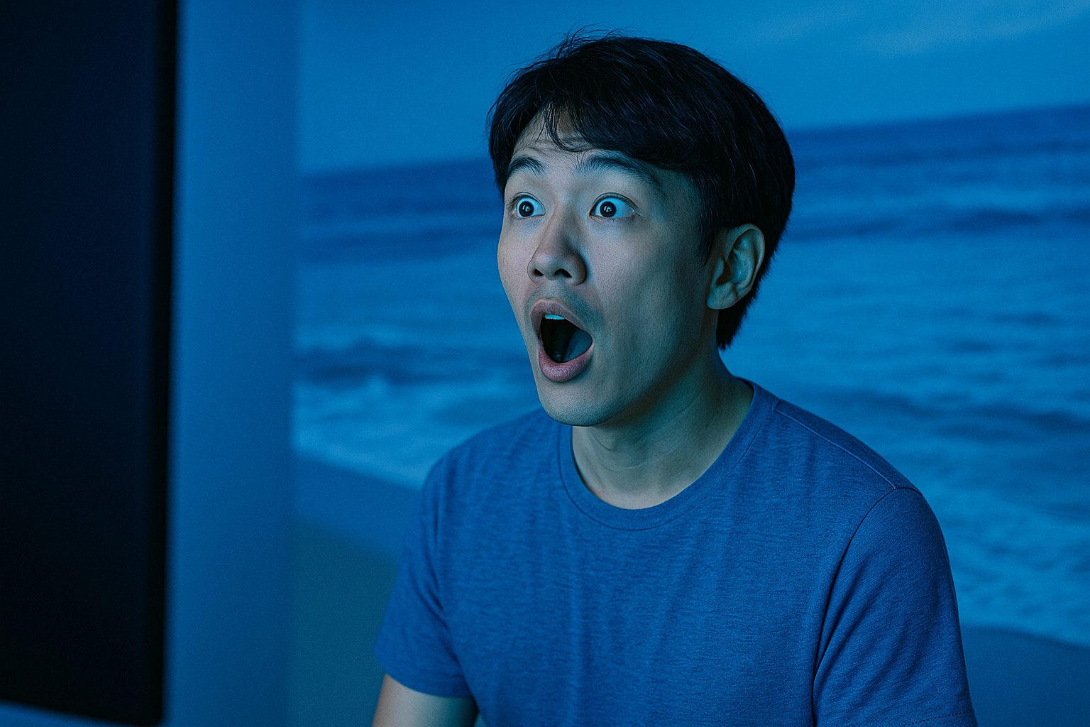 海の映像に驚く青年