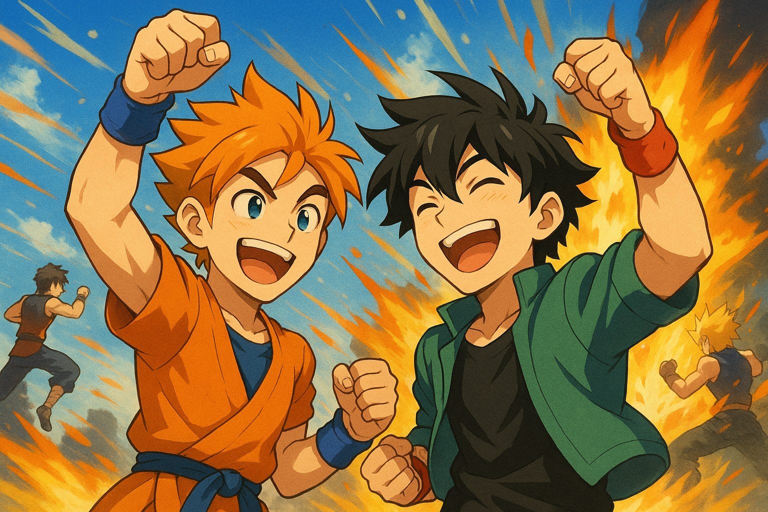 戦いの中の笑顔の英雄たち