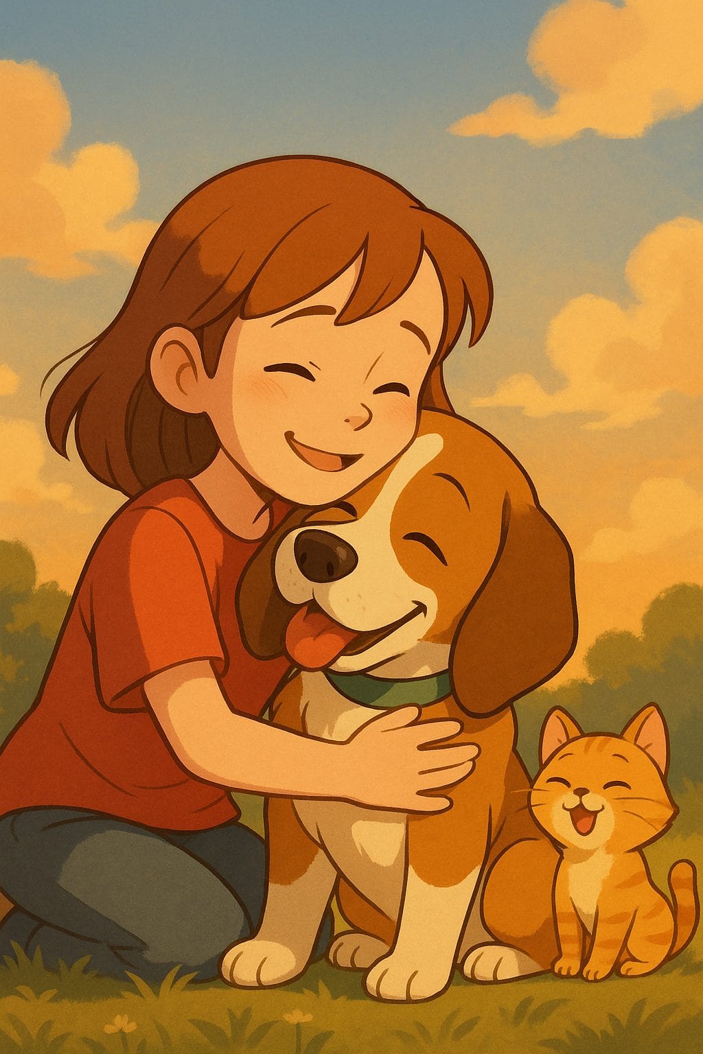 夕暮れの友達とハグ