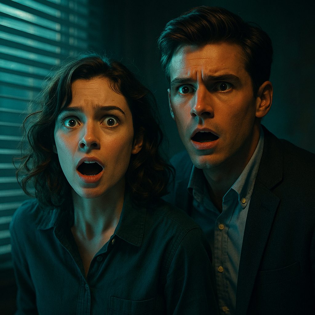 青い光に驚く二人