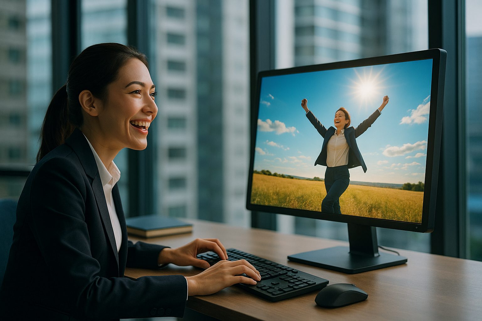 オフィスで映画を楽しむ女性 (1)