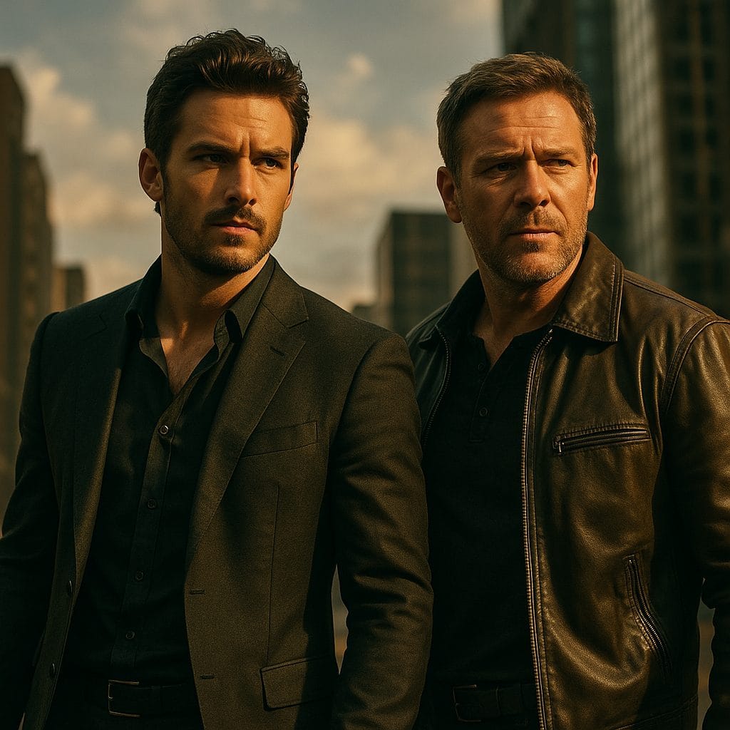 都会の夕日と二人の男