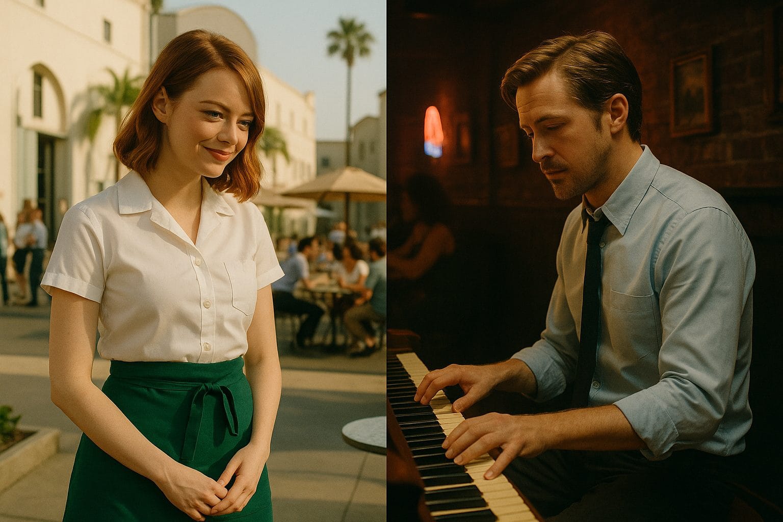 夕日のカフェとピアノのバー