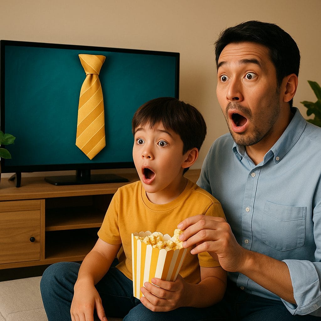 映画を一緒に見る父と息子